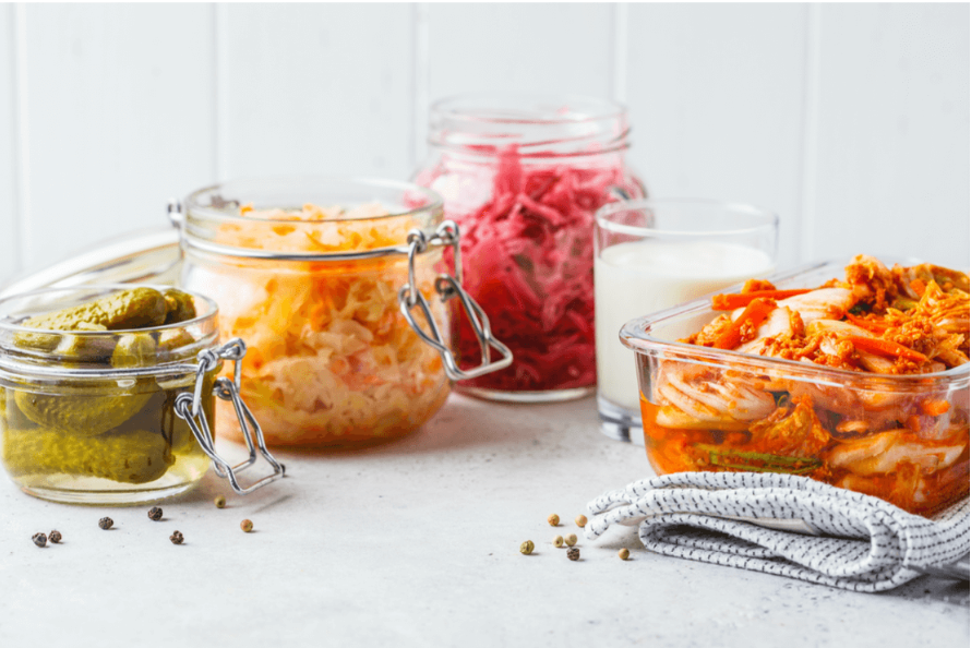 jars of healthy, fermented foods good for gut health