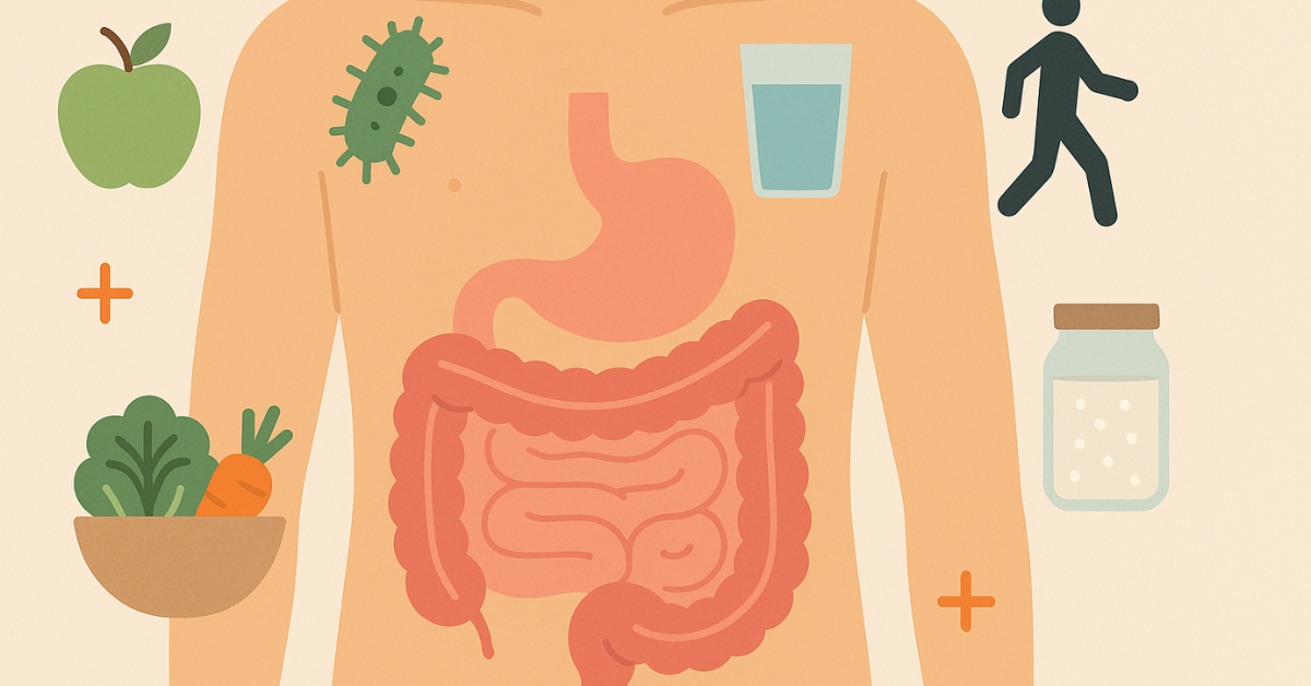 Illustration of the human digestive system highlighting gut health essentials like probiotics, fiber-rich foods, hydration, and movement to support a balanced microbiome