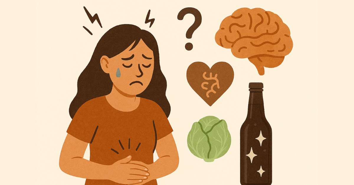 Illustration of a woman with stomach pain and gut imbalance, surrounded by symbols of digestion, brain-gut connection, fermented drinks, and gut-friendly foods